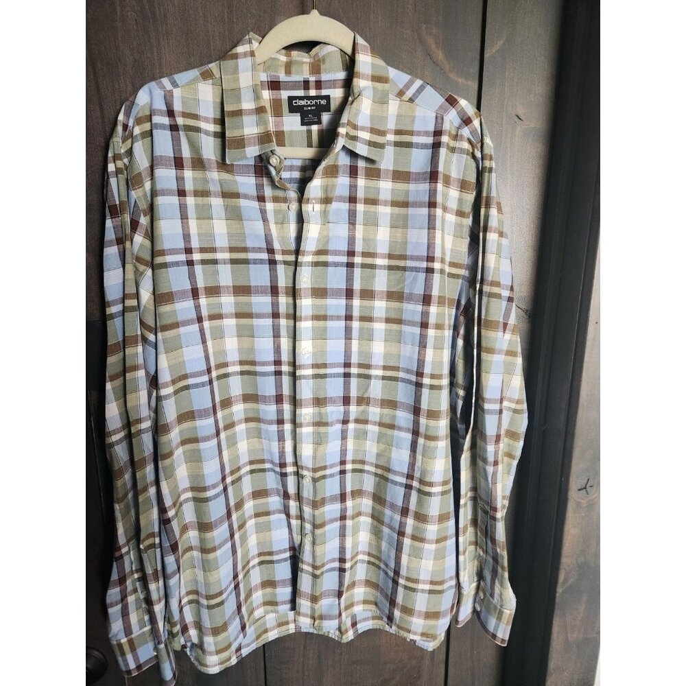 Claiborne Men's Plaid Brown/Green Long Sleeve Button-up Shirt. Slim Fit- Size XL